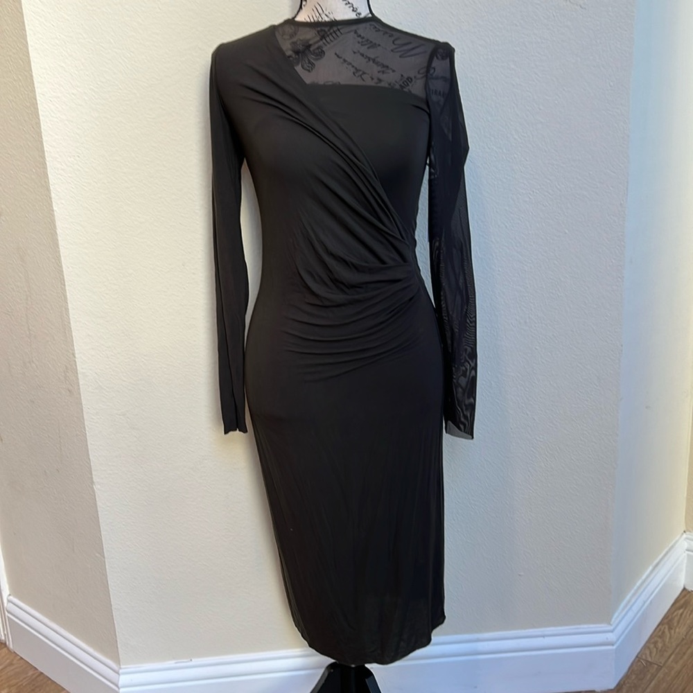 NWT Bailey 44 Gathered Mesh Sleeve Dark Gray Dress Size Small